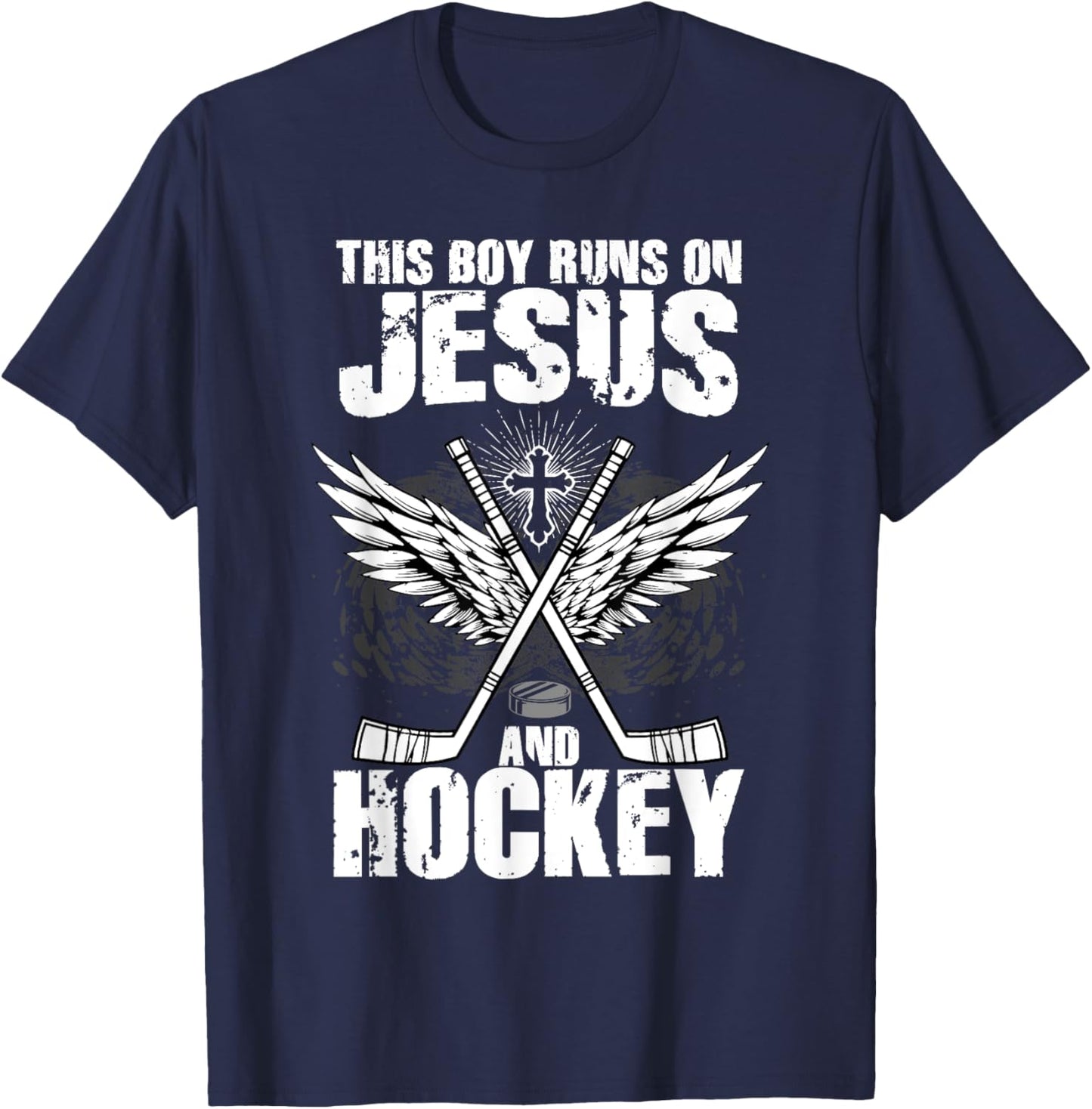 This Boy Runs On Jesus And Hockey T-Shirt - T-Shirt | Navy