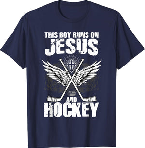 This Boy Runs On Jesus And Hockey T-Shirt - T-Shirt | Navy