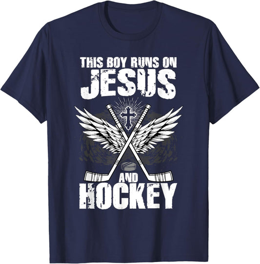 This Boy Runs On Jesus And Hockey T-Shirt - T-Shirt | Navy