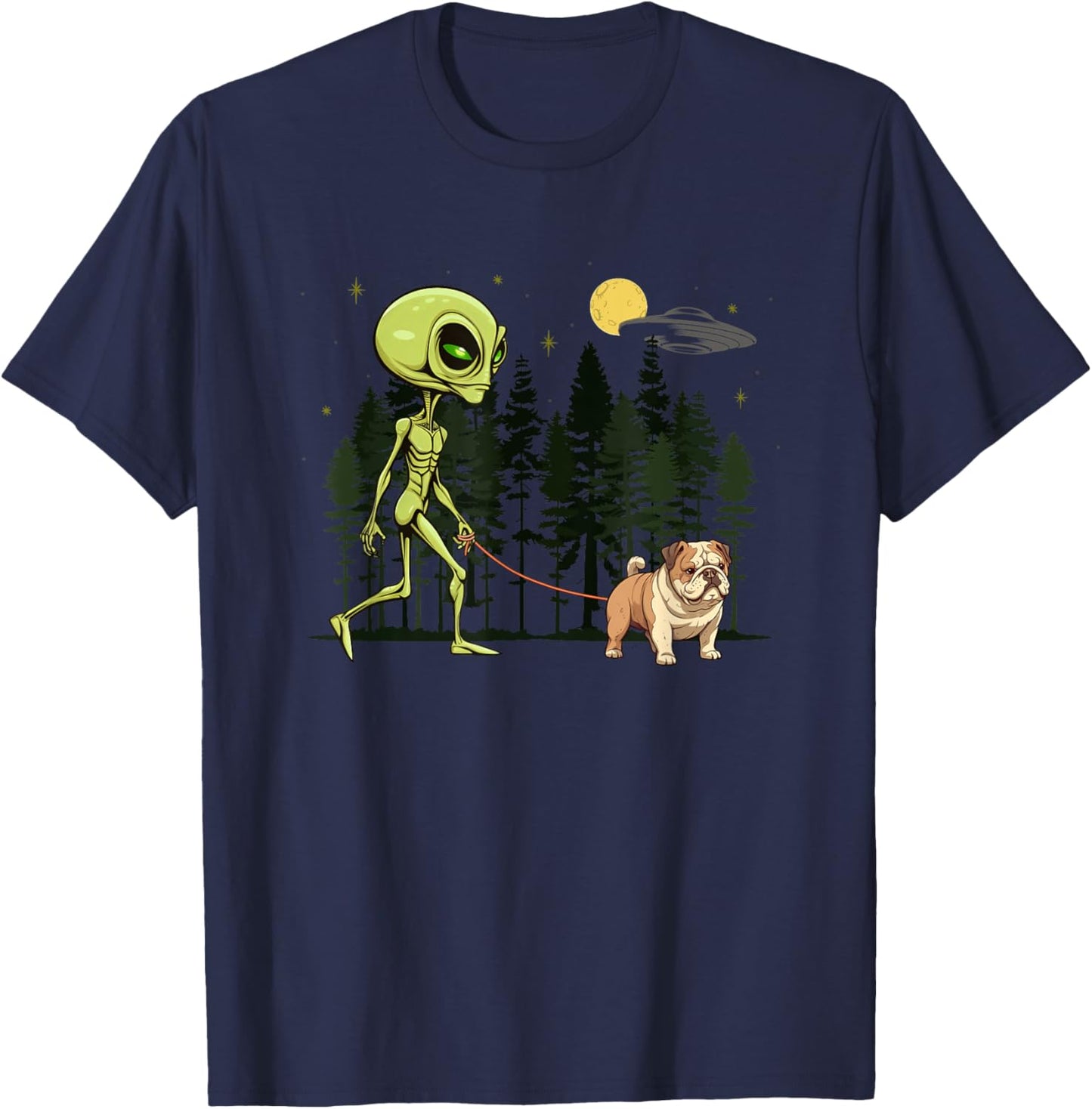Funny English Bulldog Alien Walking UFO Pet Dog Mom Dad T-Shirt - T-Shirt | Navy