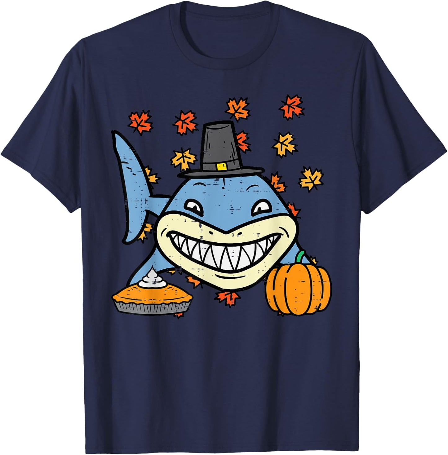 Thanksgiving Pilgrim Shark Cute Fall Autumn Men Women Kids T-Shirt - T-Shirt | Navy