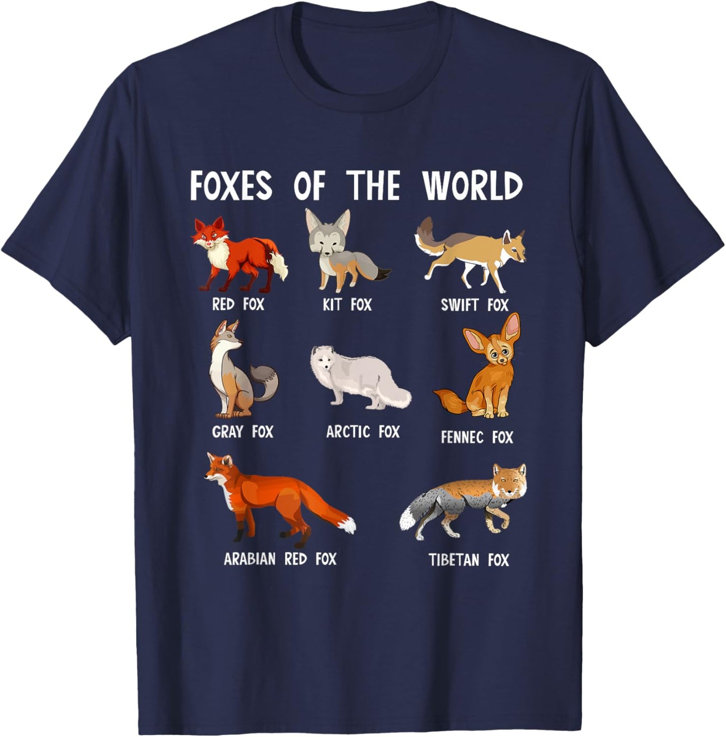 Fox Types Animal Cute Foxes Of The World T-Shirt - T-Shirt | Navy
