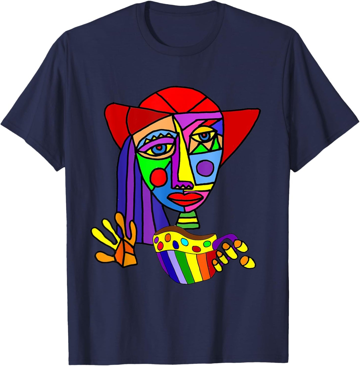 Smileteesfunny Funny Woman Drinking Coffee Cubism Art T-Shirt - T-Shirt | Navy