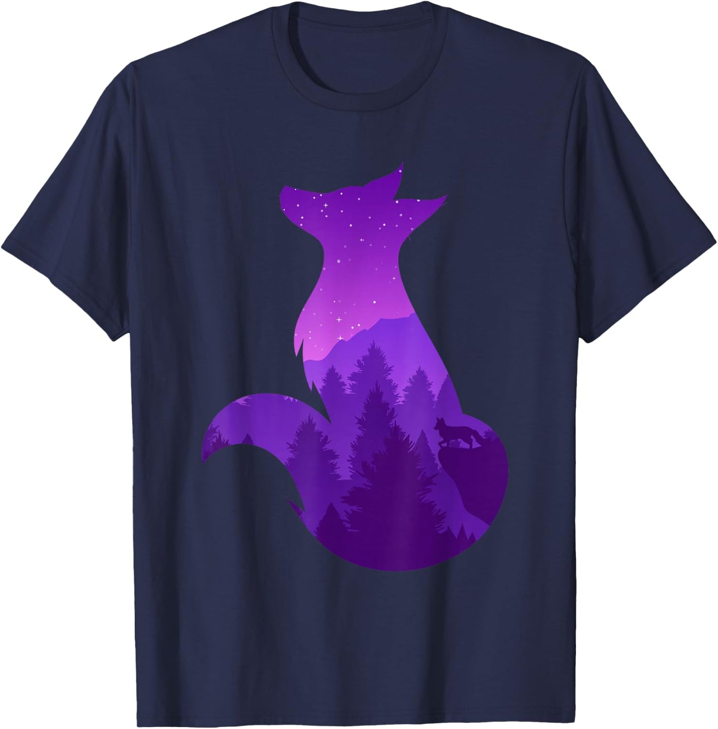 Night Wildlife Animal Galaxy Forest Nature Trees Stars Fox T-Shirt - T-Shirt | Navy