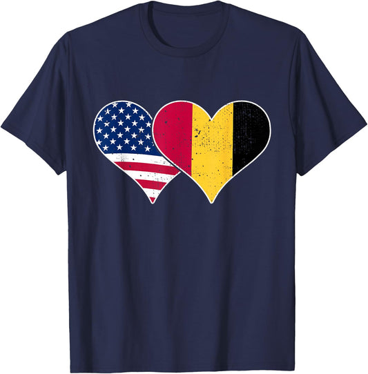 USA and Belgium Flags - American & Belgian Vintage Hearts T-Shirt - T-Shirt | Navy