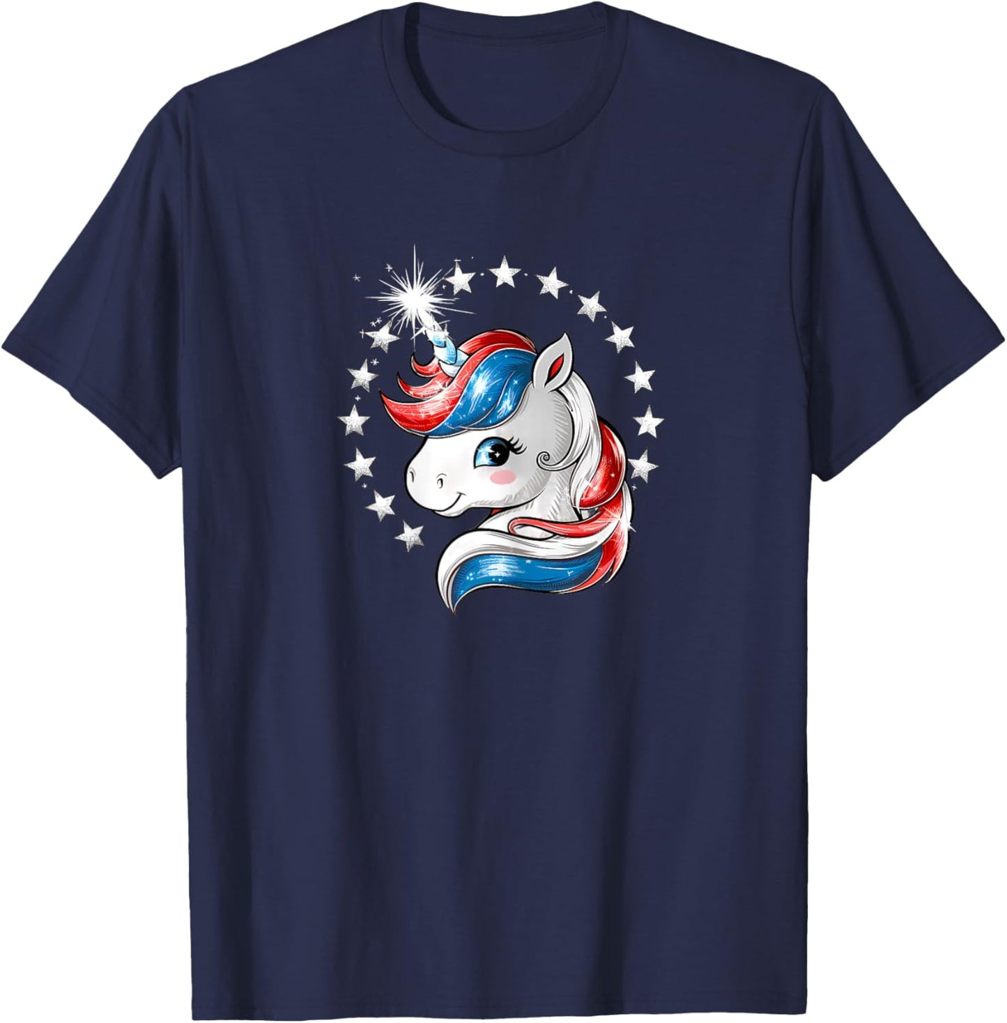 Patriotic Unicorn 4th of July Red White Blue Stars Girls T-Shirt - T-Shirt | Navy