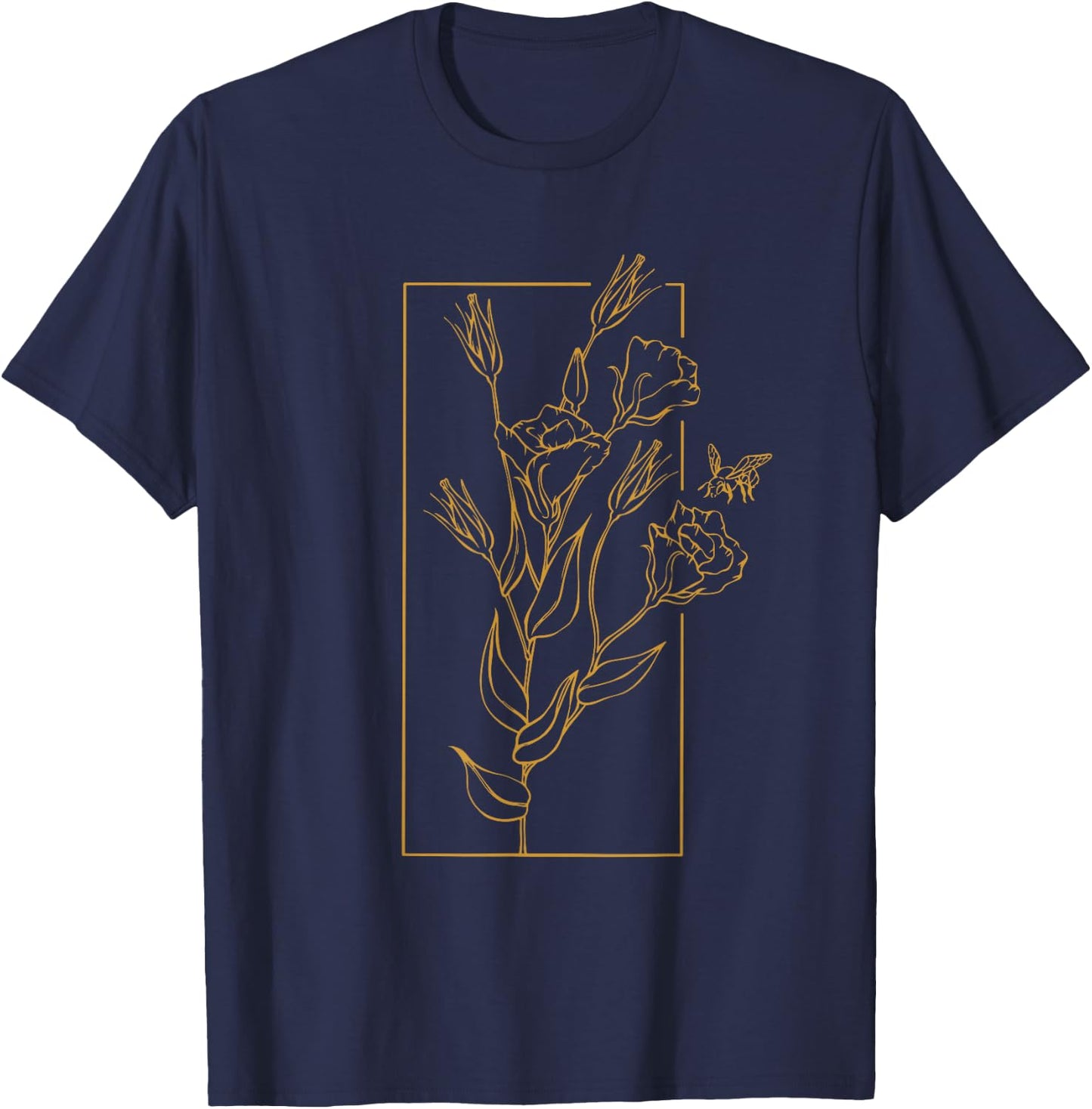 Floral Flower Lisianthus Eustoma Line Art Bee Wildflower T-Shirt - T-Shirt | Navy