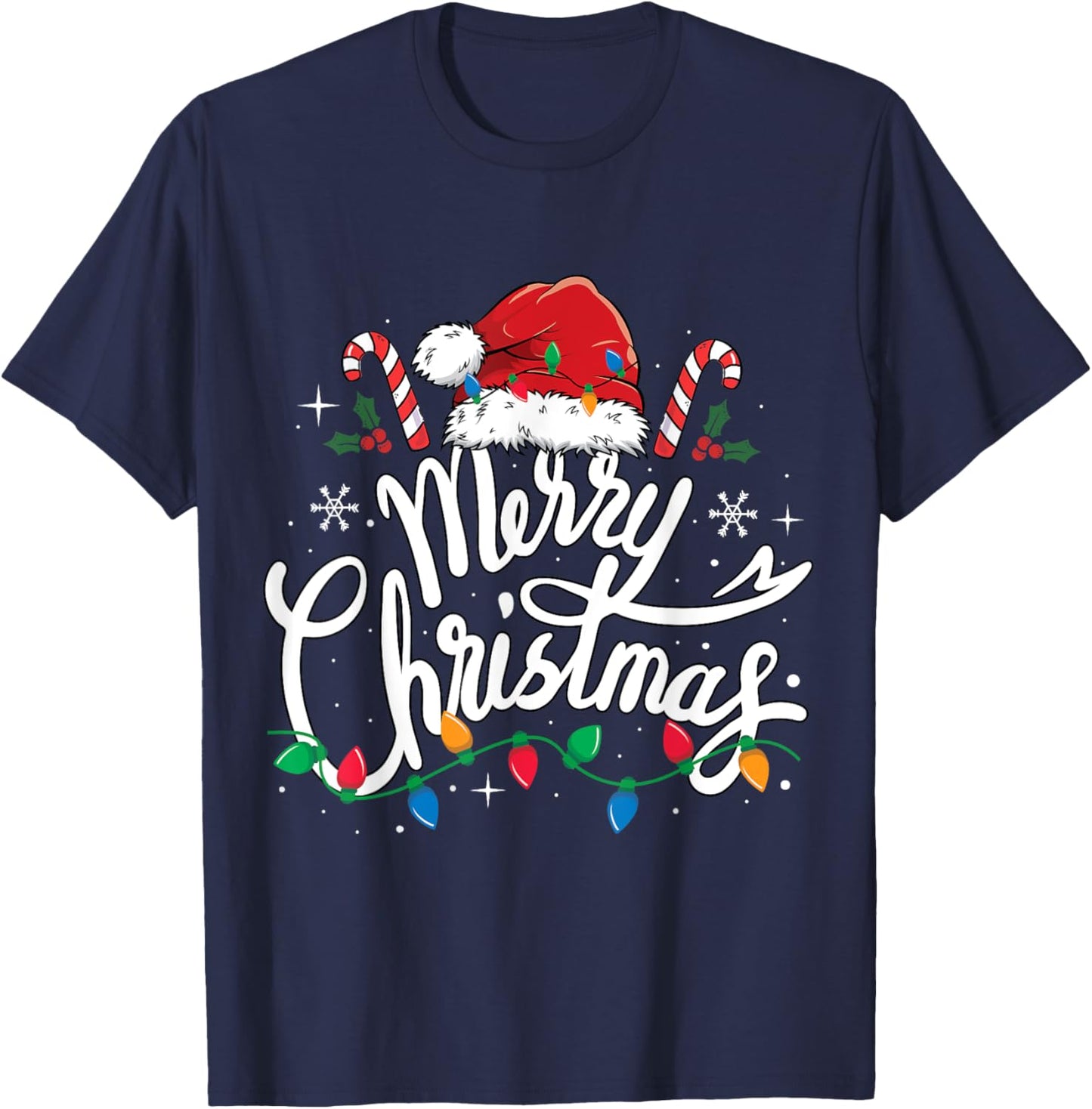 Merry Christmas Lights Red Santa Hat Xmas Family Men Women T-Shirt - T-Shirt | Navy