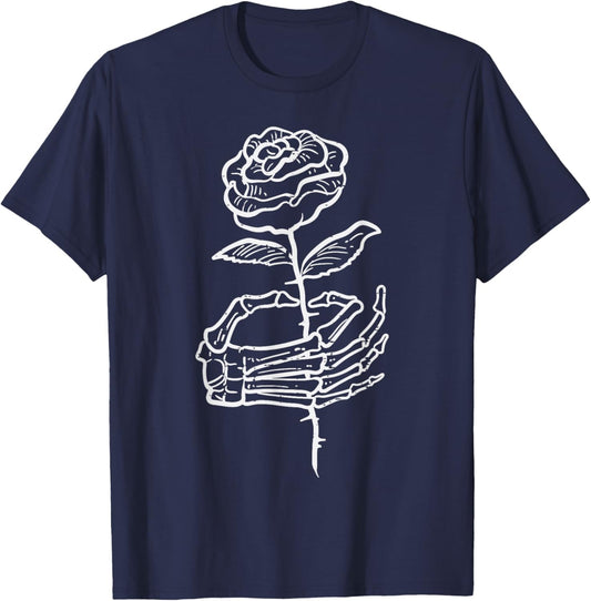 Halloween Skeleton Hand Rose Goth Costume Women Men Kids Boy T-Shirt - T-Shirt | Navy
