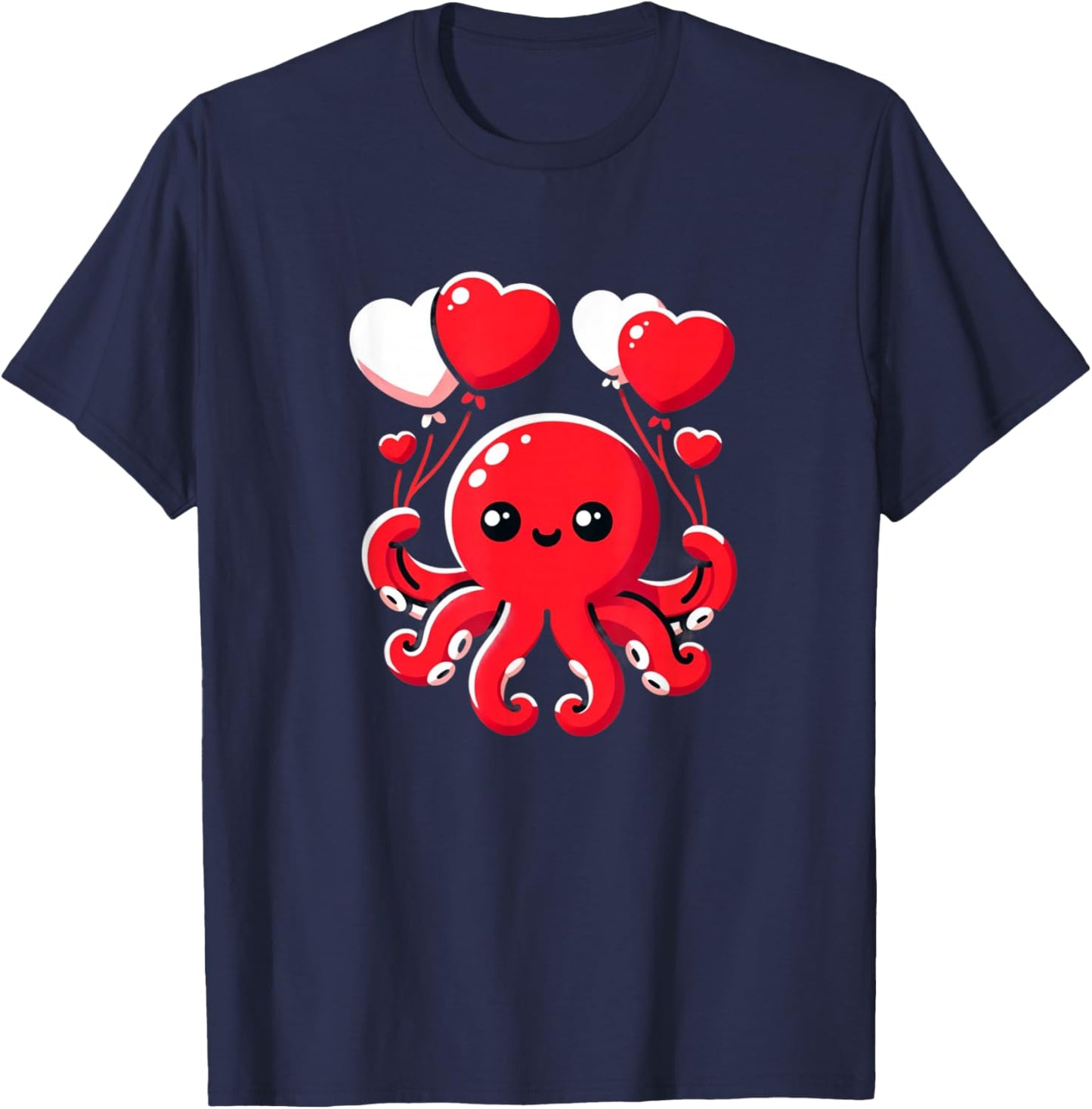 Octopus With Heart Balloons Adorable Valentines Day T-Shirt - T-Shirt | Navy