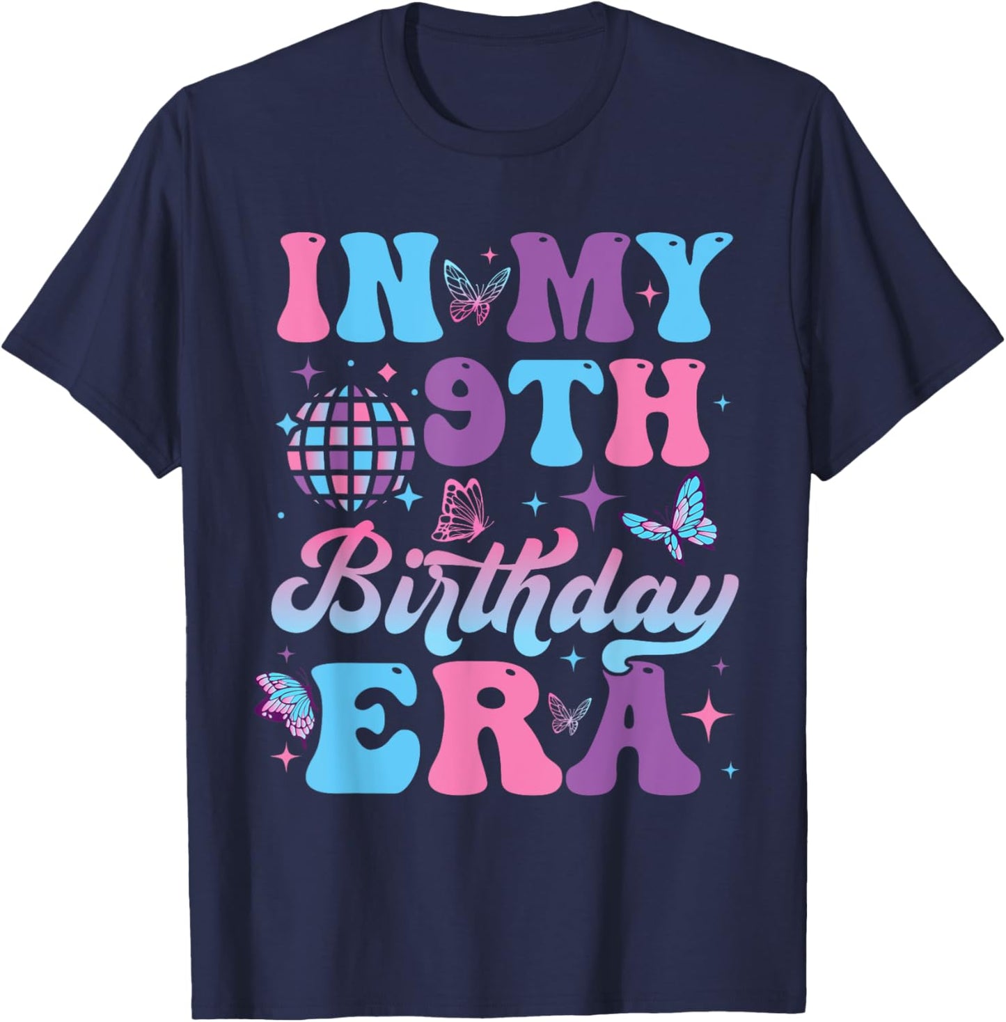 Groovy In My 9th Birthday Era Nine 9 years Old Birthday T-Shirt - T-Shirt | Navy