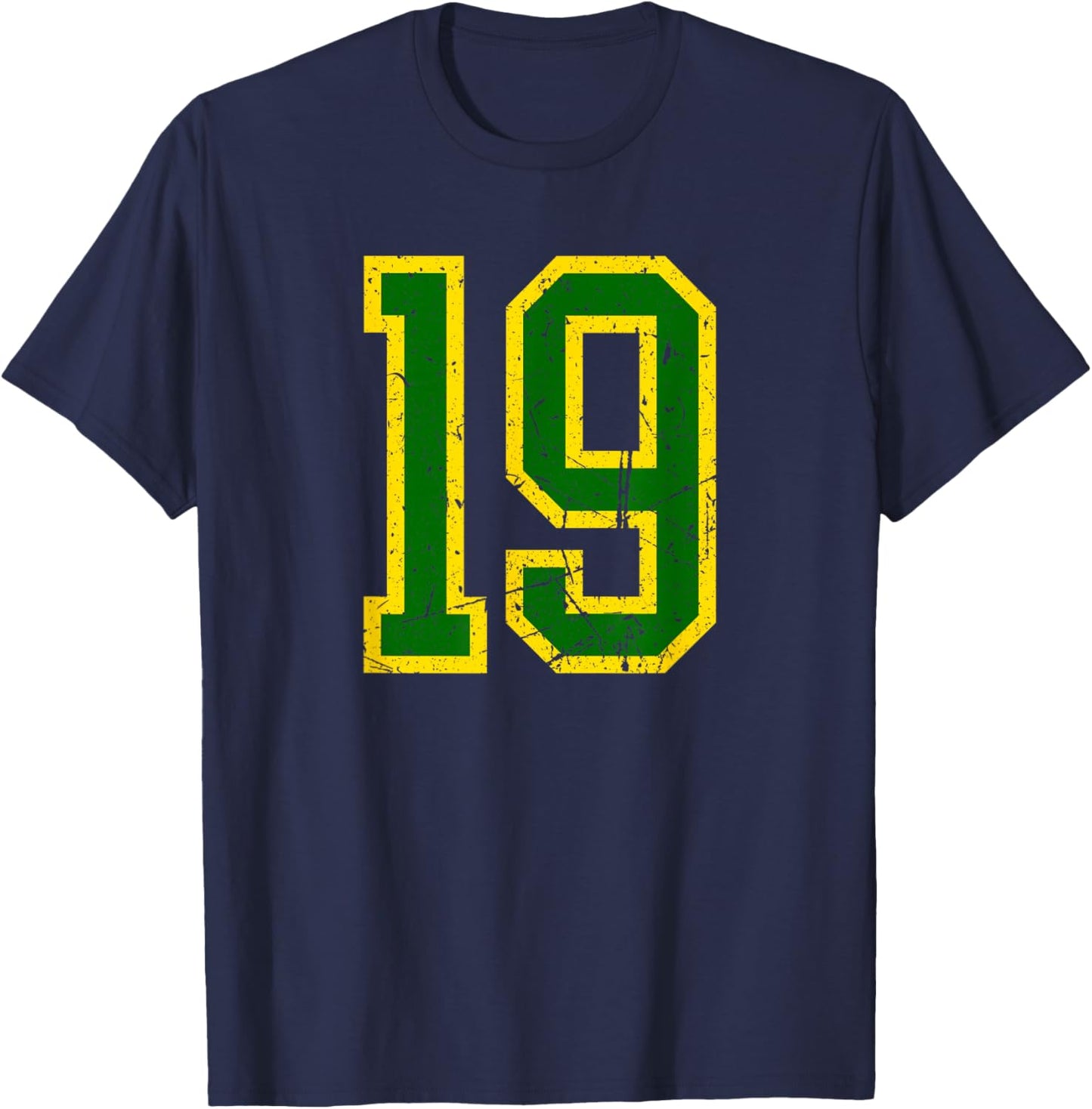 Distressed Green Yellow Sports Team Number 19 T-Shirt - T-Shirt | Navy