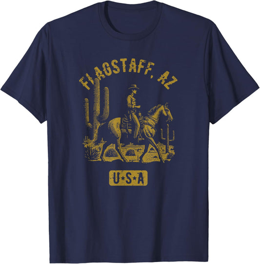 Flagstaff AZ USA Cowboy Horse Distressed Style Design T-Shirt - T-Shirt | Navy