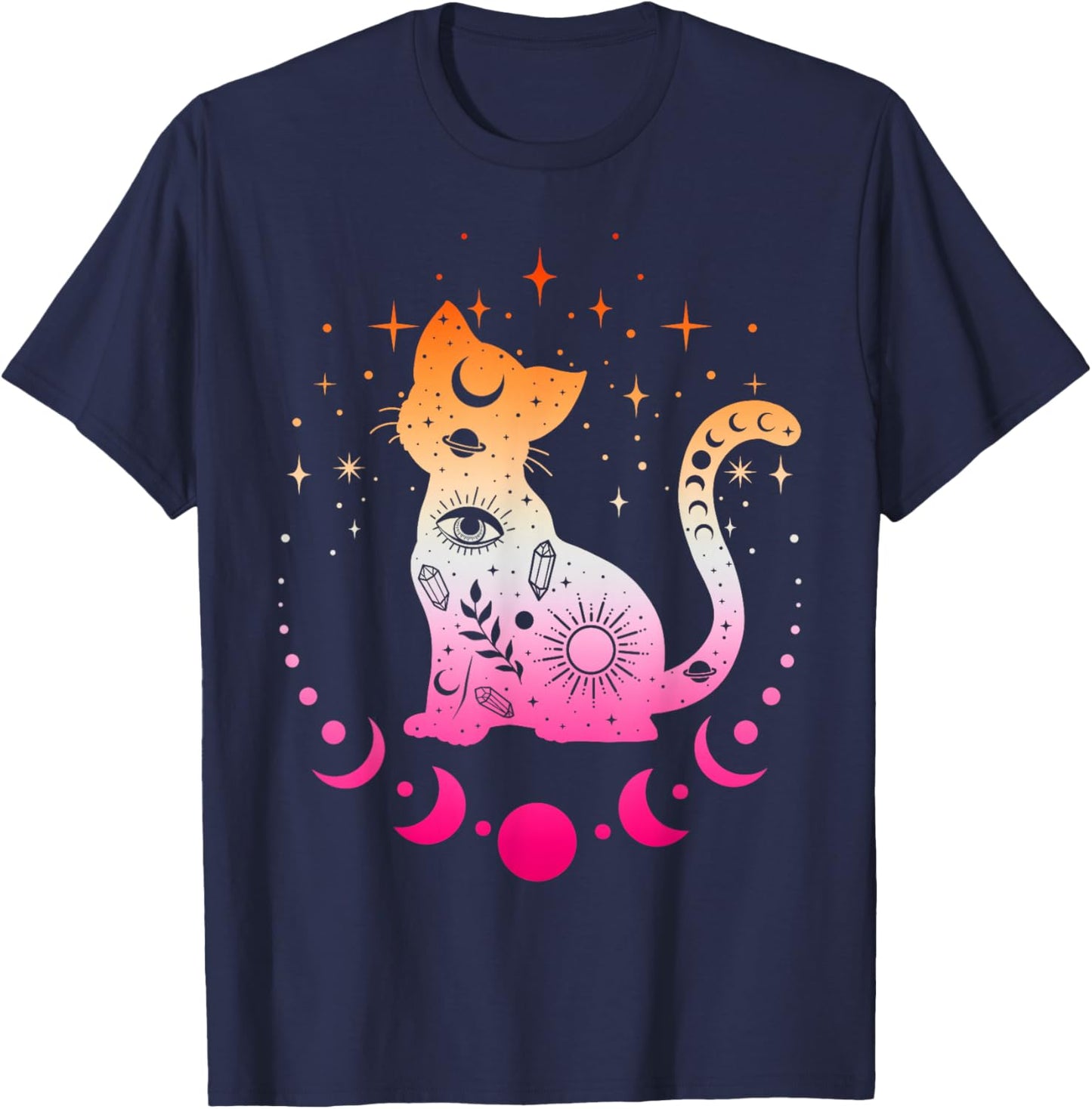 Lesbian Astrology Cat, Moon Phases Lesbian Pride Flag Colors T-Shirt - T-Shirt | Navy