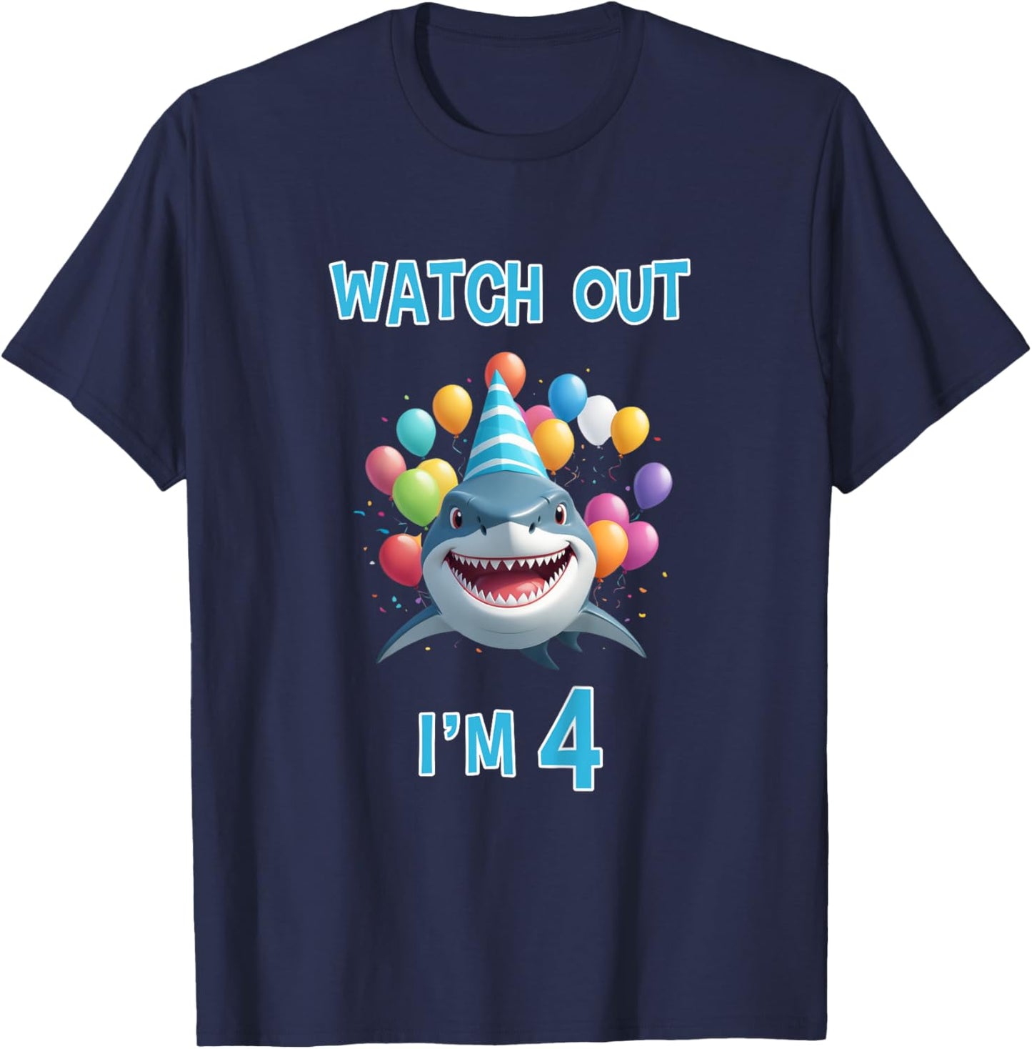Shark Birthday Watch Out I'm 4 Years Old 4th Birthday T-Shirt - T-Shirt | Navy