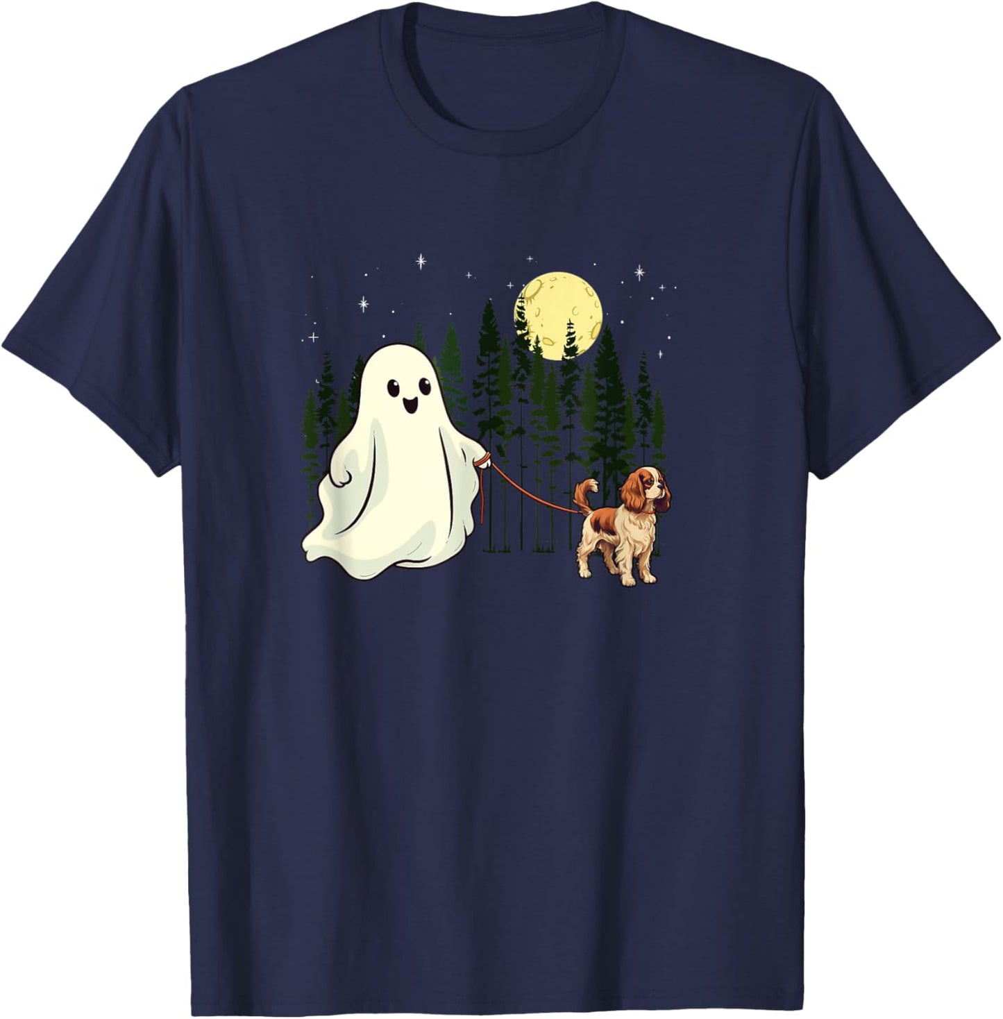 Cavalier King Charles Spaniel Walking Ghost Halloween Funny T-Shirt - T-Shirt | Navy