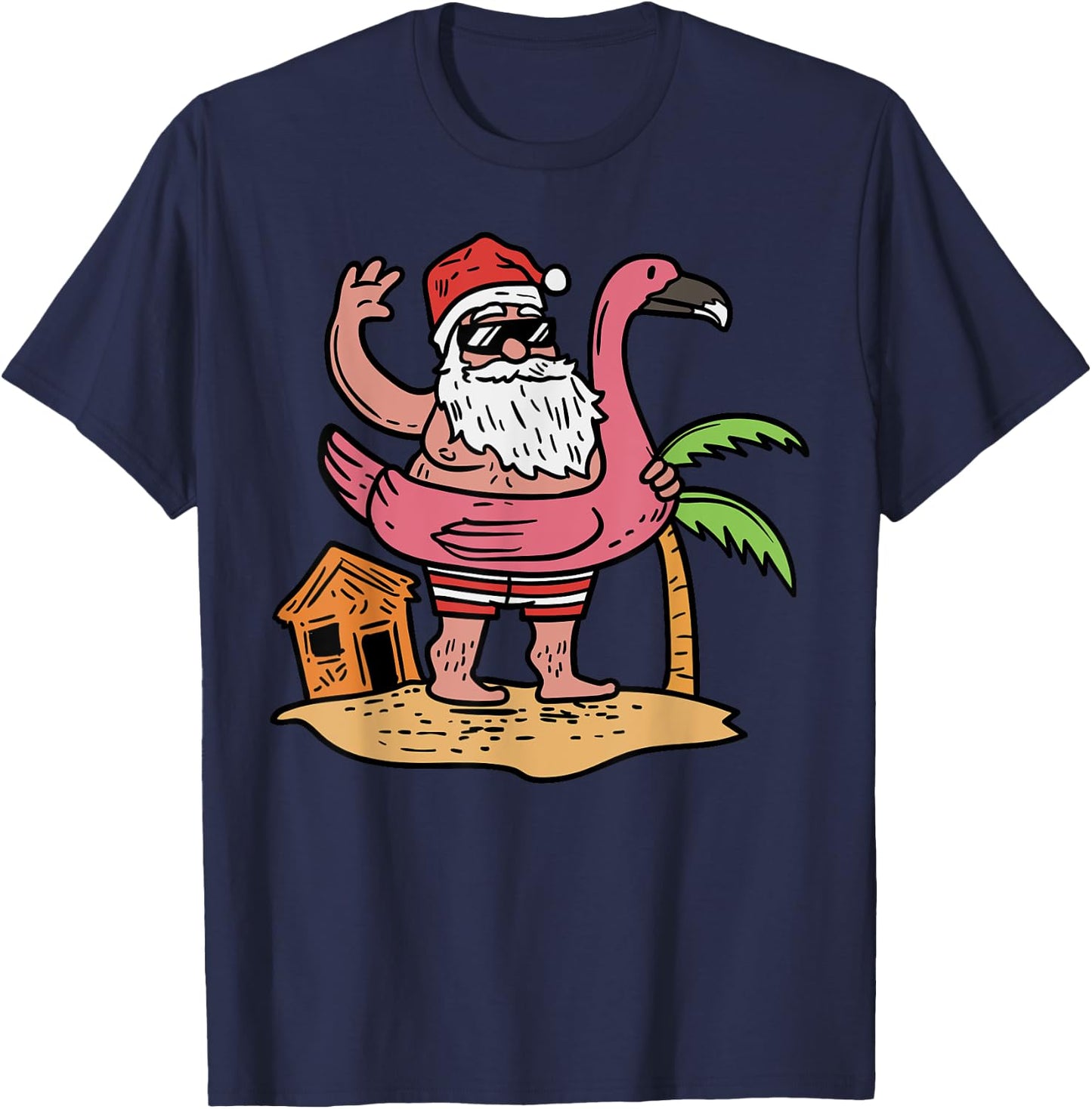 Summer Santa Flamingo Floater Funny Christmas In July Gift T-Shirt - T-Shirt | Navy