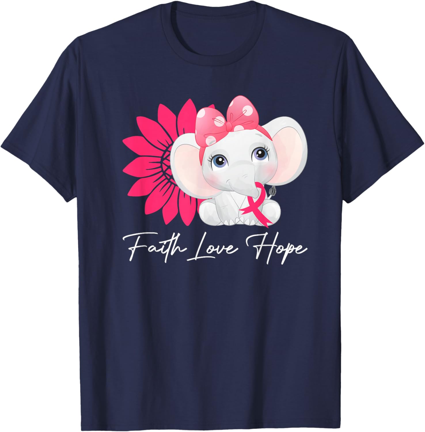 Breast Cancer Cute Elephant With Sunflower and Pink Ribbon T-Shirt - T-Shirt | Navy