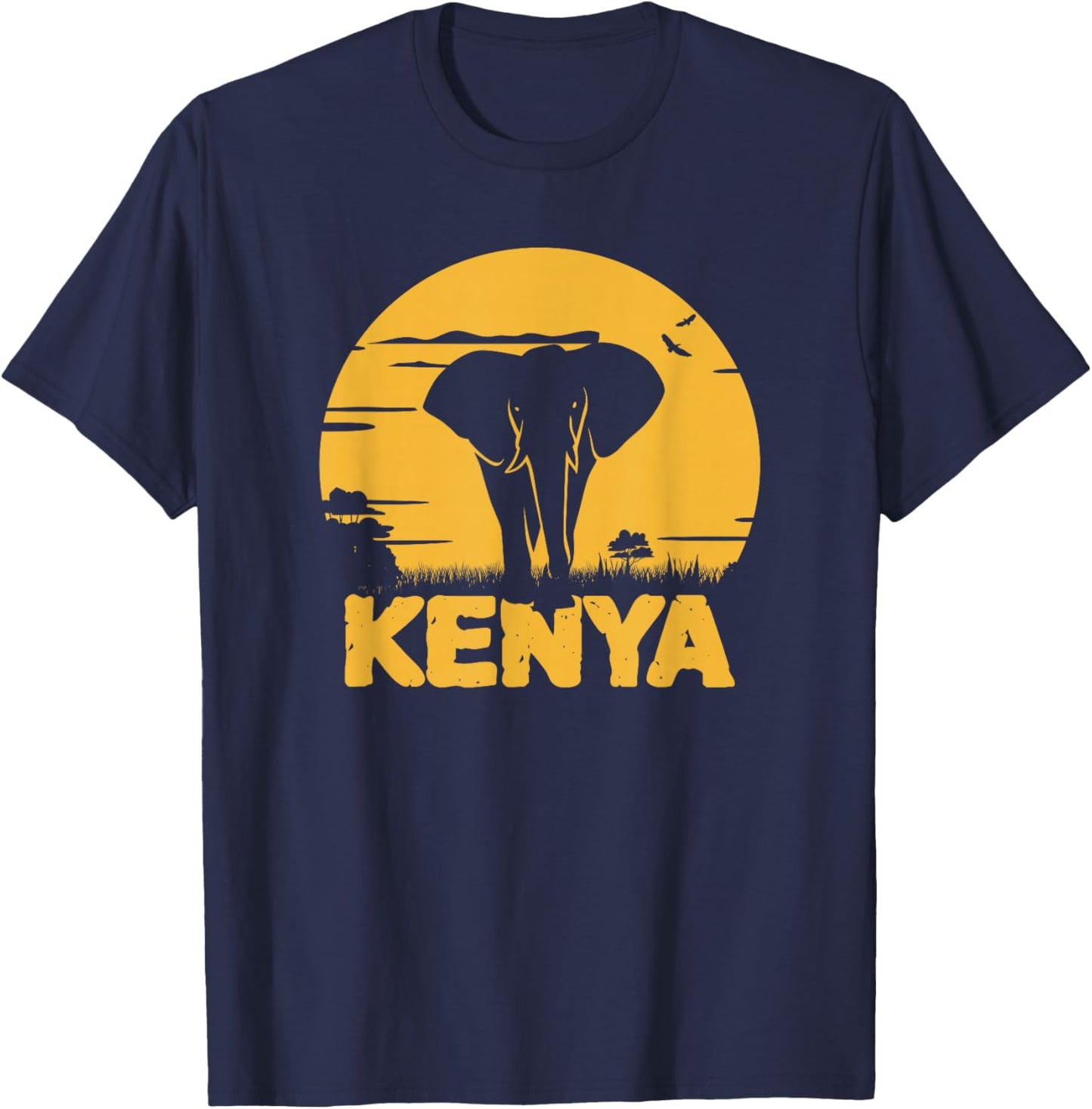 Kenyan Shirt with Retro Vintage Sunset, Elephant Kenya T-Shirt - T-Shirt | Navy
