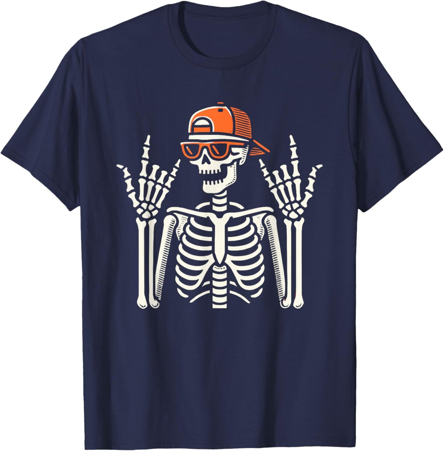 Rocker Skeleton With Cap, Halloween, Men, Rock Hand, Skater T-Shirt - T-Shirt | Navy