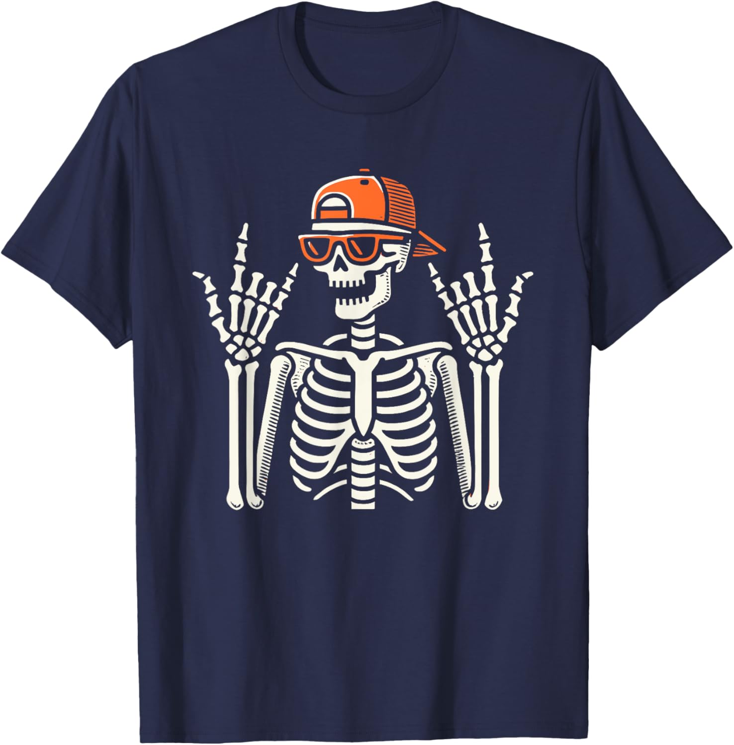 Rocker Skeleton With Cap, Halloween, Men, Rock Hand, Skater T-Shirt - T-Shirt | Navy