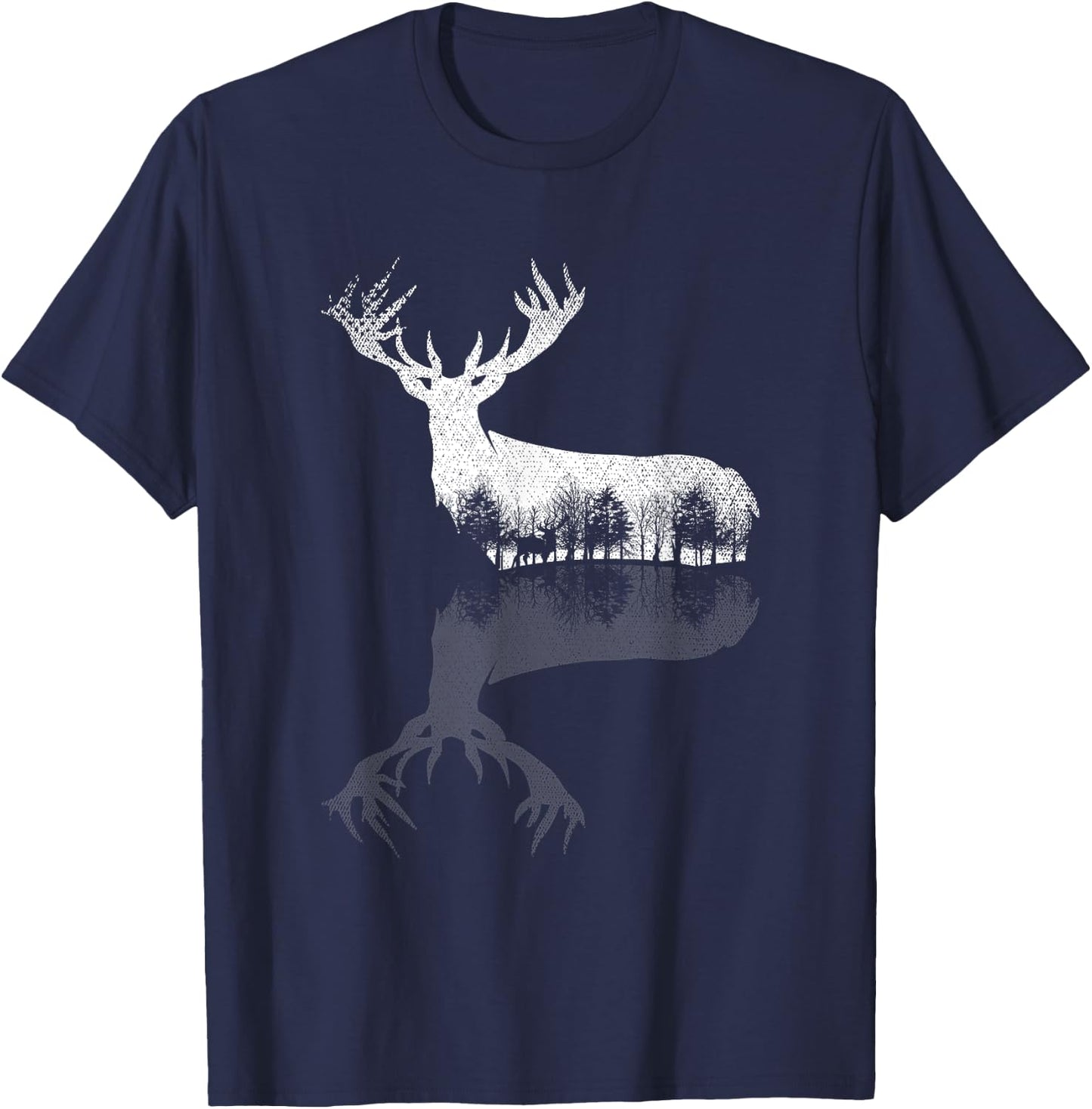 Animal Outdoor Trees Nature Forest Wildlife Reflection Deer T-Shirt - T-Shirt | Navy