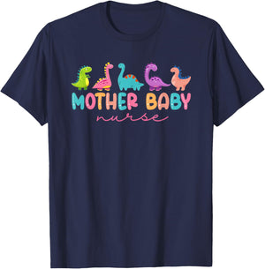 Women Mother Baby Nurse Dinosaur Postpartum RN Ob Nurse T-Shirt - T-Shirt | Navy