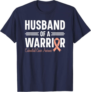 Endometrial Cancer Husband Of A Warrior Peach Ribbon Uterine T-Shirt - T-Shirt | Navy