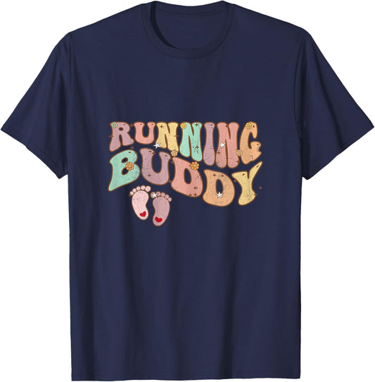 Groovy Pregnancy Announcement Running Buddy T-Shirt - T-Shirt | Navy