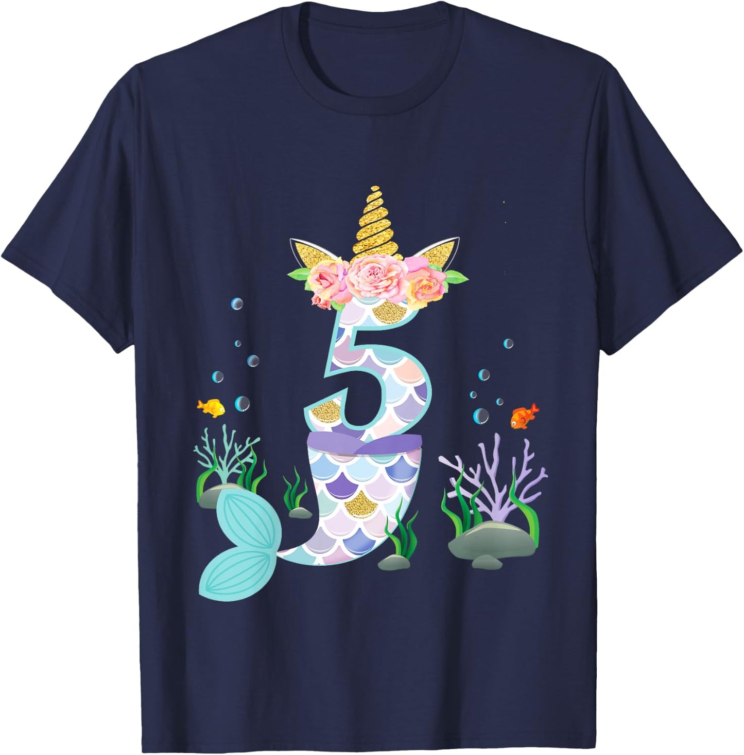 5 Year Old Unicorn Mermaid Birthday Theme Tail Girl 5th Gift T-Shirt - T-Shirt | Navy