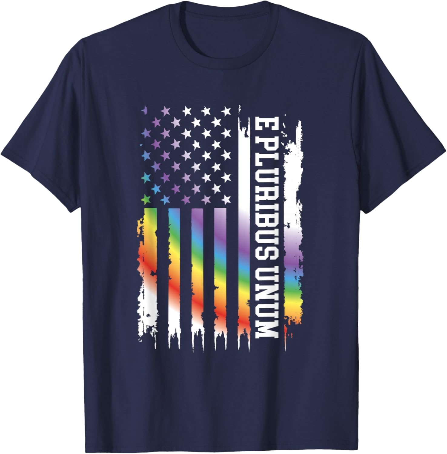 E Pluribus Unum United States Distressed Rainbow w US Flag T-Shirt - T-Shirt | Navy