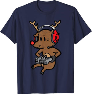 Christmas Gamer Reindeer Xmas Gaming Men Boys Kids Youth T-Shirt - T-Shirt | Navy