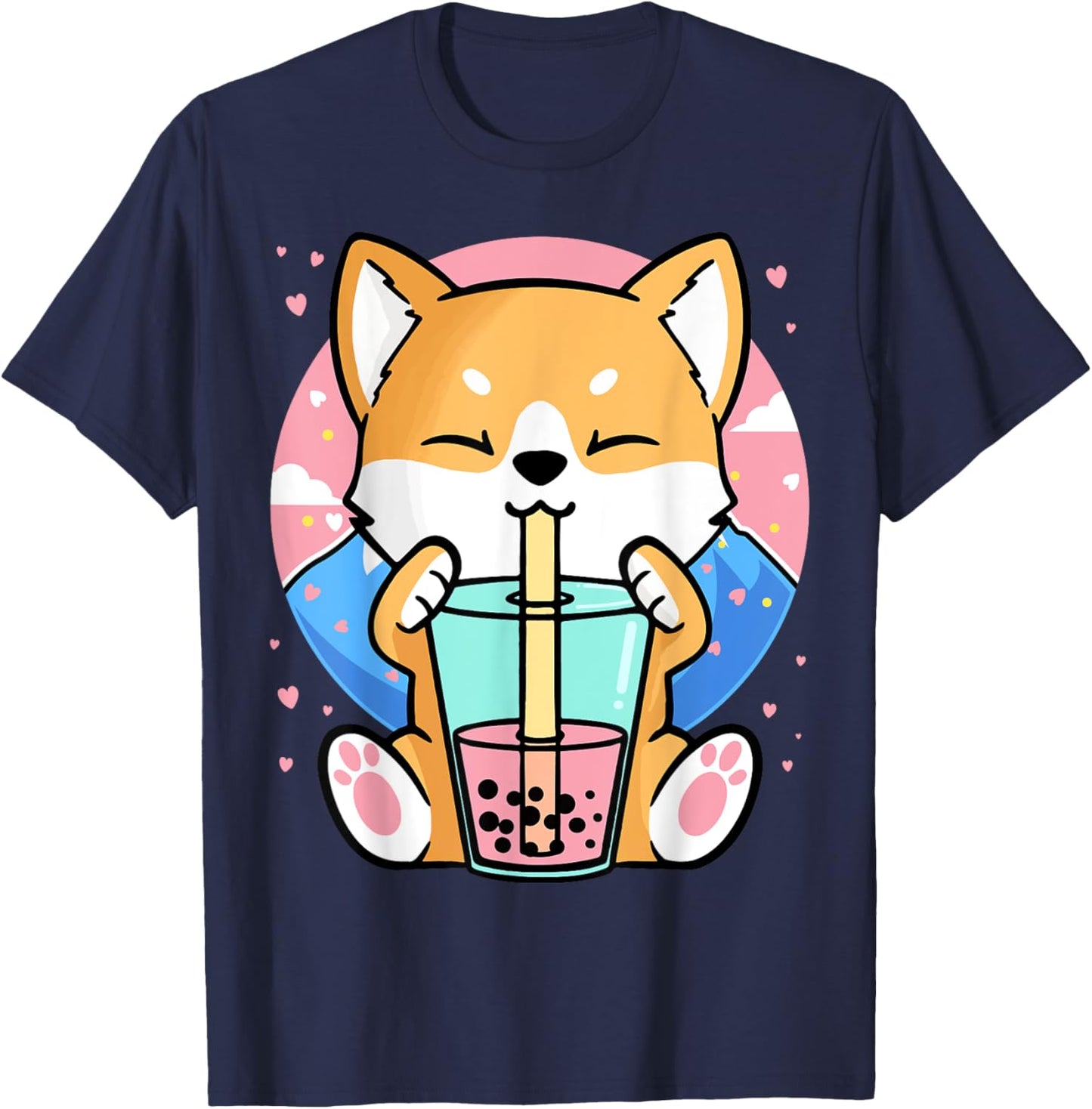 Kawaii Corgi Dog Bubble Tea Boba Anime Neko Japanese Women Girls Kids T-Shirt - T-Shirt | Navy