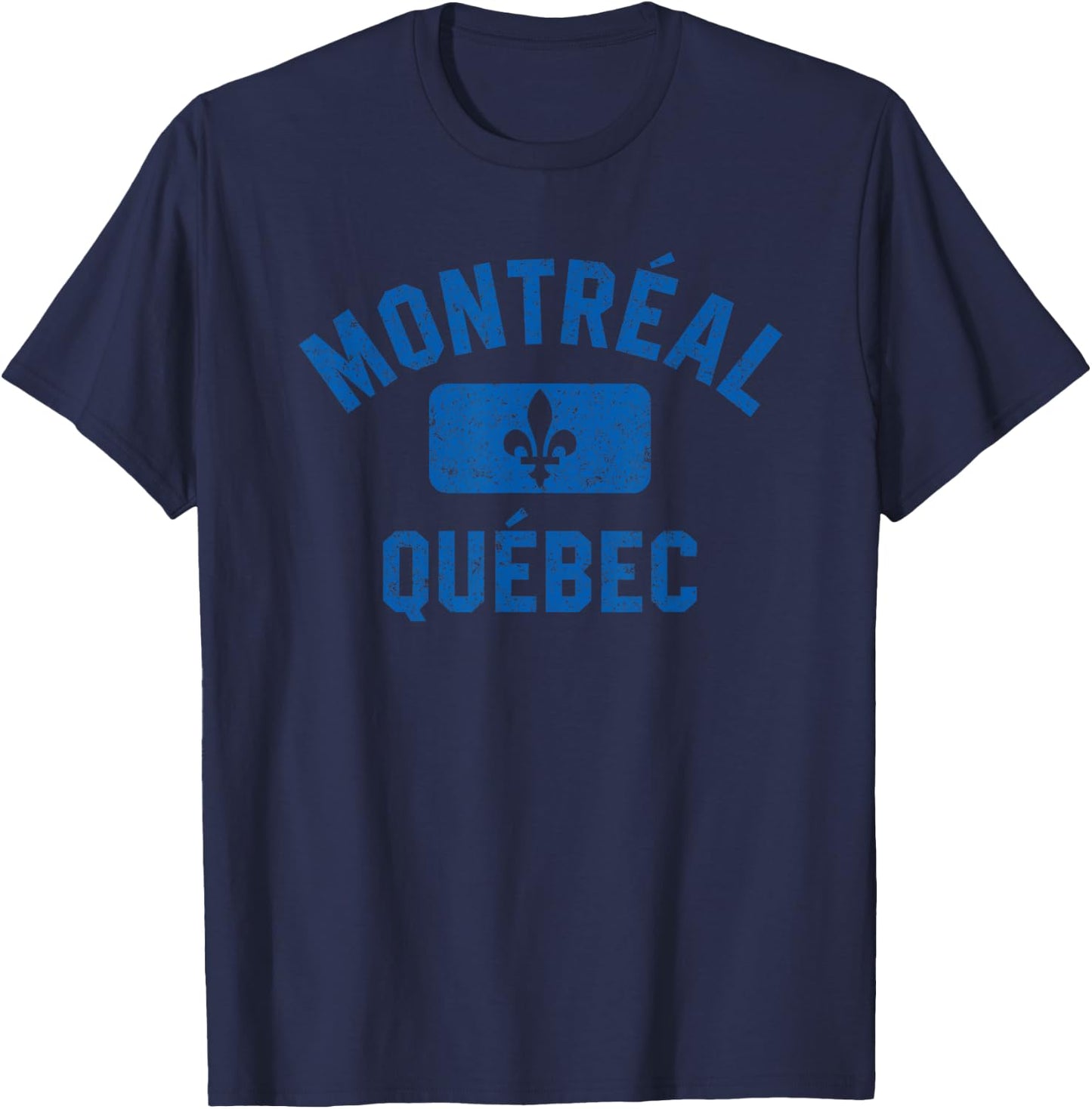 Montreal Quebec Fleur de Lys Gym Style Distressed Blue Print T-Shirt - T-Shirt | Navy