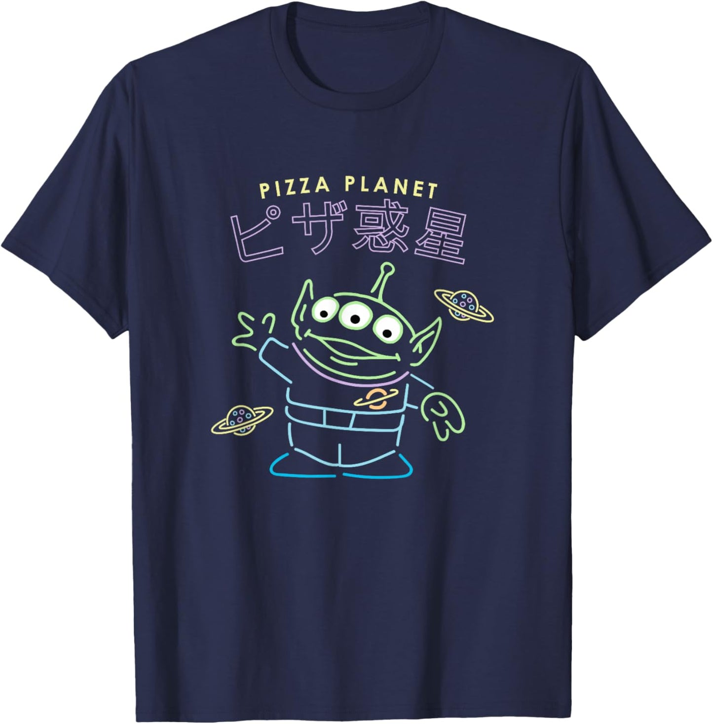 Disney Pixar Toy Story Pizza Planet Alien Neon Kanji Poster T-Shirt - T-Shirt | Navy