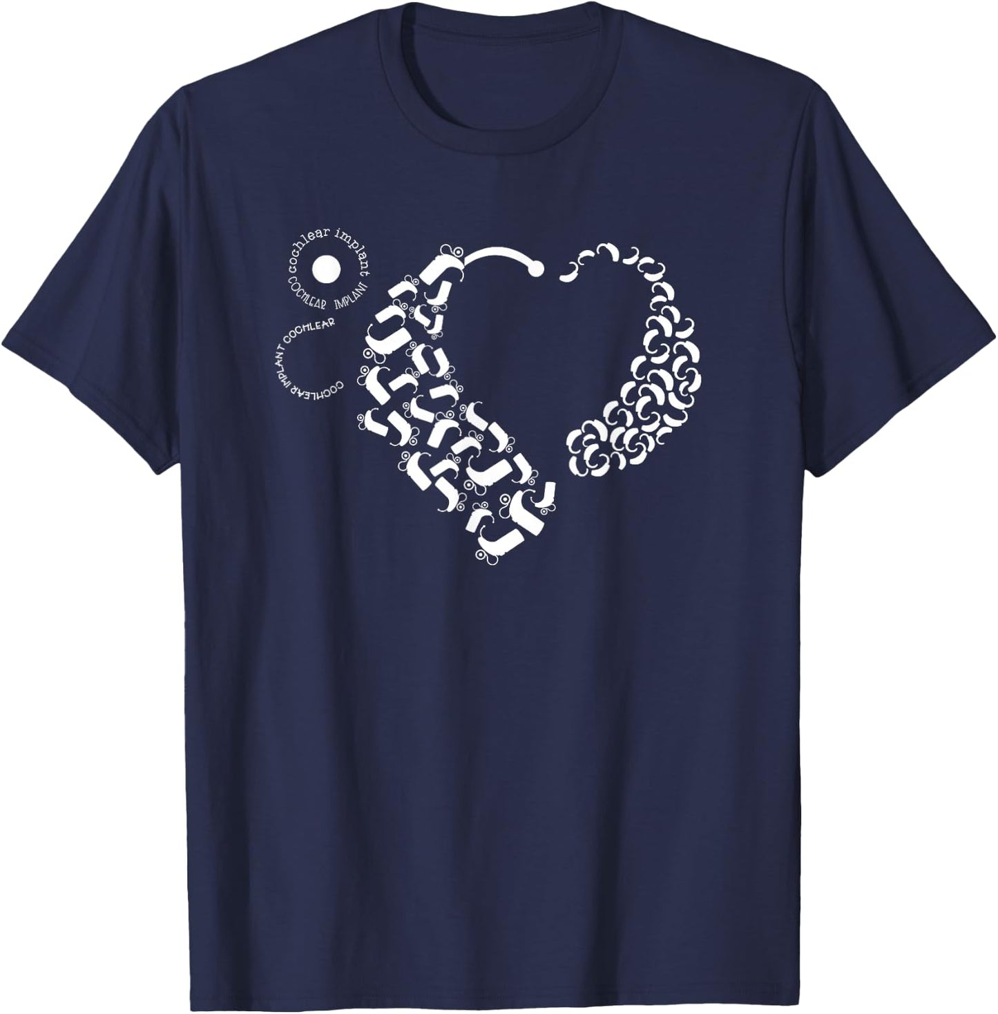 Hearing Loss Designs Co. Cochlear Implant and Hearing Aid Awareness Black Modern Letter Print Round Neck Short Sleeve T-Shirt - T-Shirt | Navy