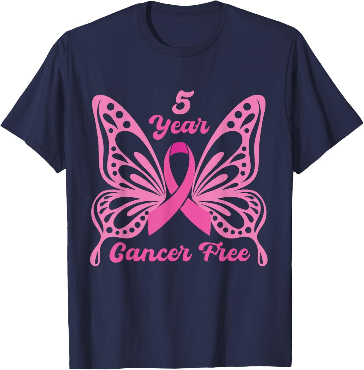 5 Year Cancer Free Breast Cancer Awareness Butterfly Women T-Shirt - T-Shirt | Navy