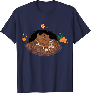 Disney Moana 2 Big Face Maui Tropical Flowers Costume T-Shirt - T-Shirt | Navy