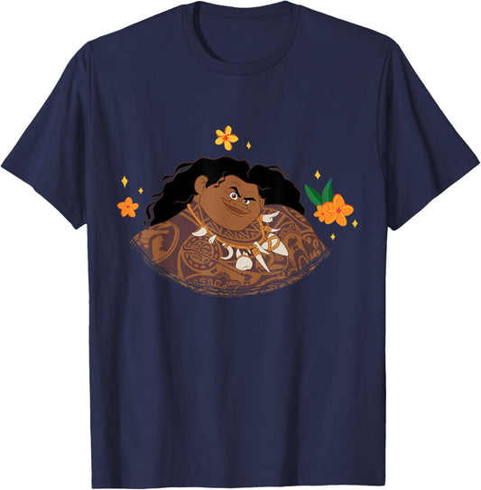 Disney Moana 2 Big Face Maui Tropical Flowers Costume T-Shirt - T-Shirt | Navy