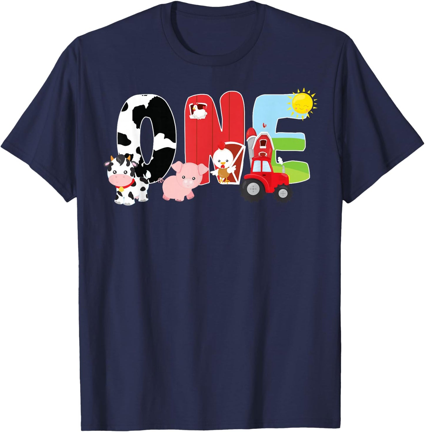 Farm Animals 1st Birthday Barnyard 1 Year Old Baby Birthday T-Shirt - T-Shirt | Navy