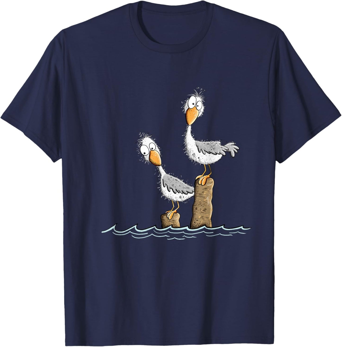 Funny Gulls on the Wharf Design Cartoon Sea Bird , Black, S T-Shirt - T-Shirt | Navy