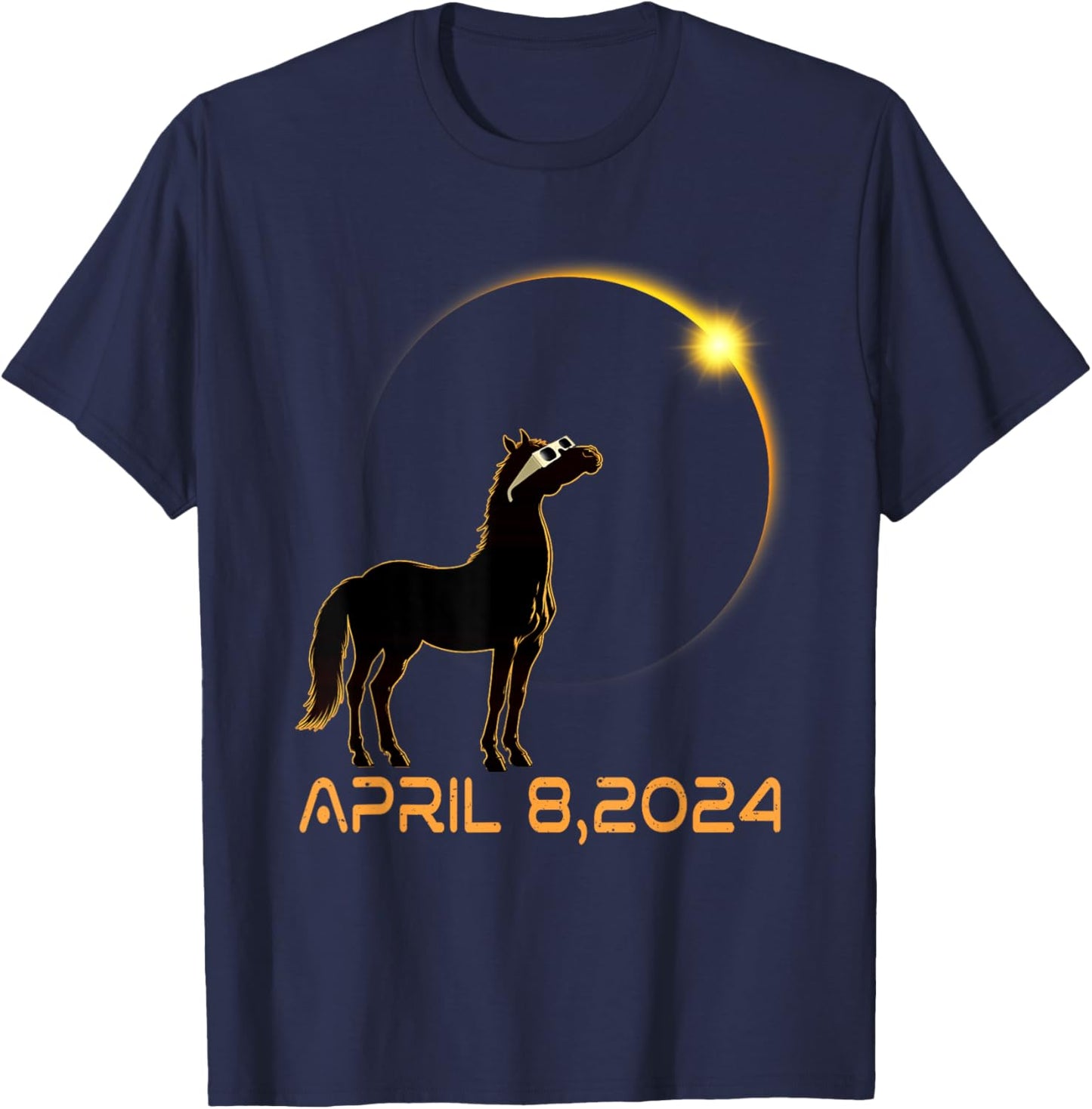 Total Solar Eclipse 2024 Horse Wearing Solar Eclipse Glasses T-Shirt - T-Shirt | Navy