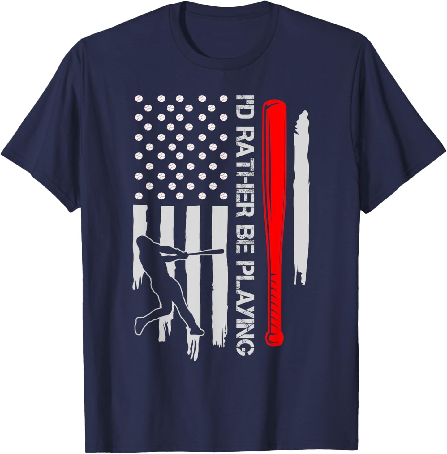 Vintage USA Flag Baseball Player, I'd Rather Be Playing Women Kids Men T-Shirt - T-Shirt | Navy