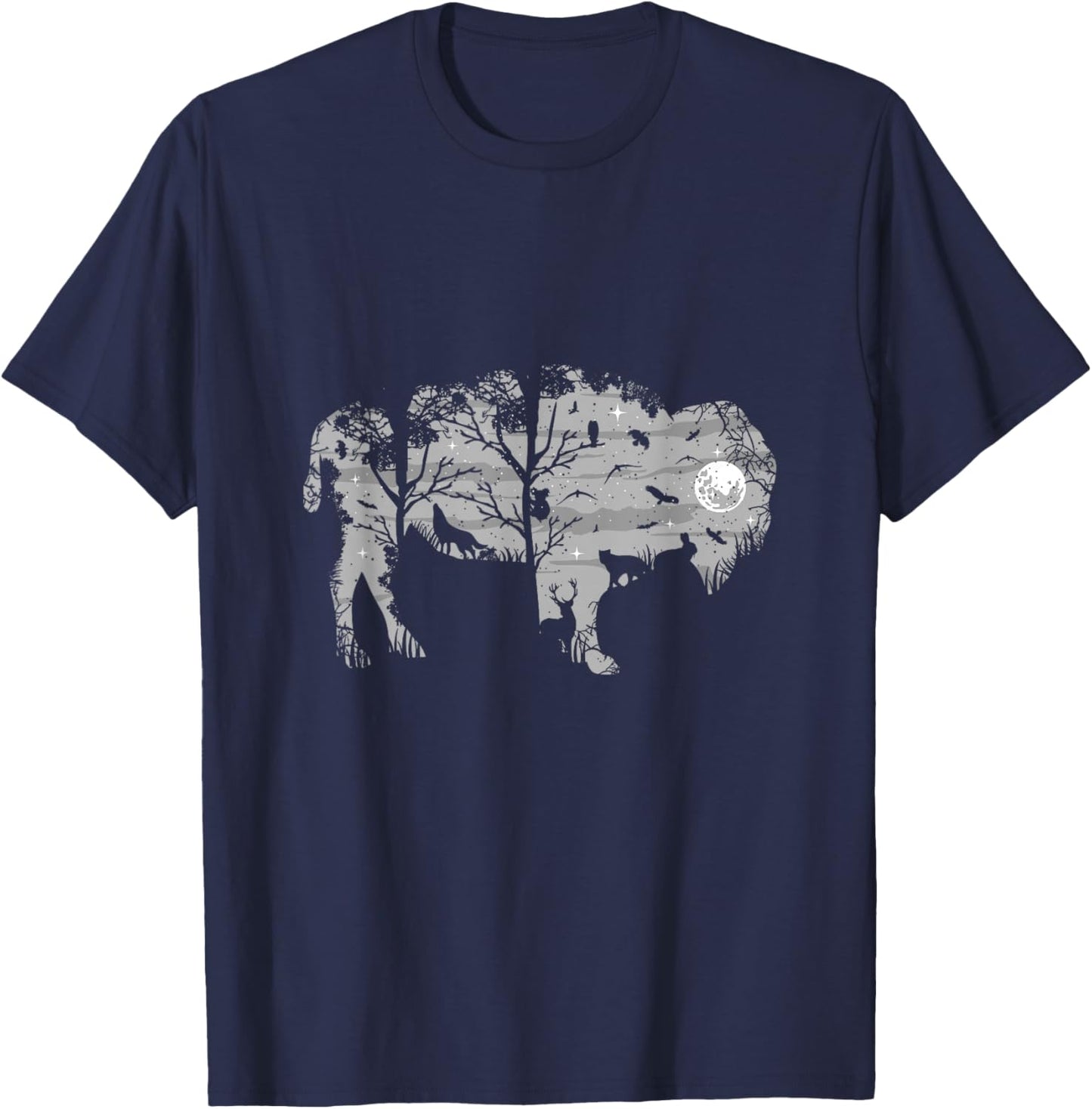 Forest Moon Bison Silhouette Wild Animals American Buffalo T-Shirt - T-Shirt | Navy