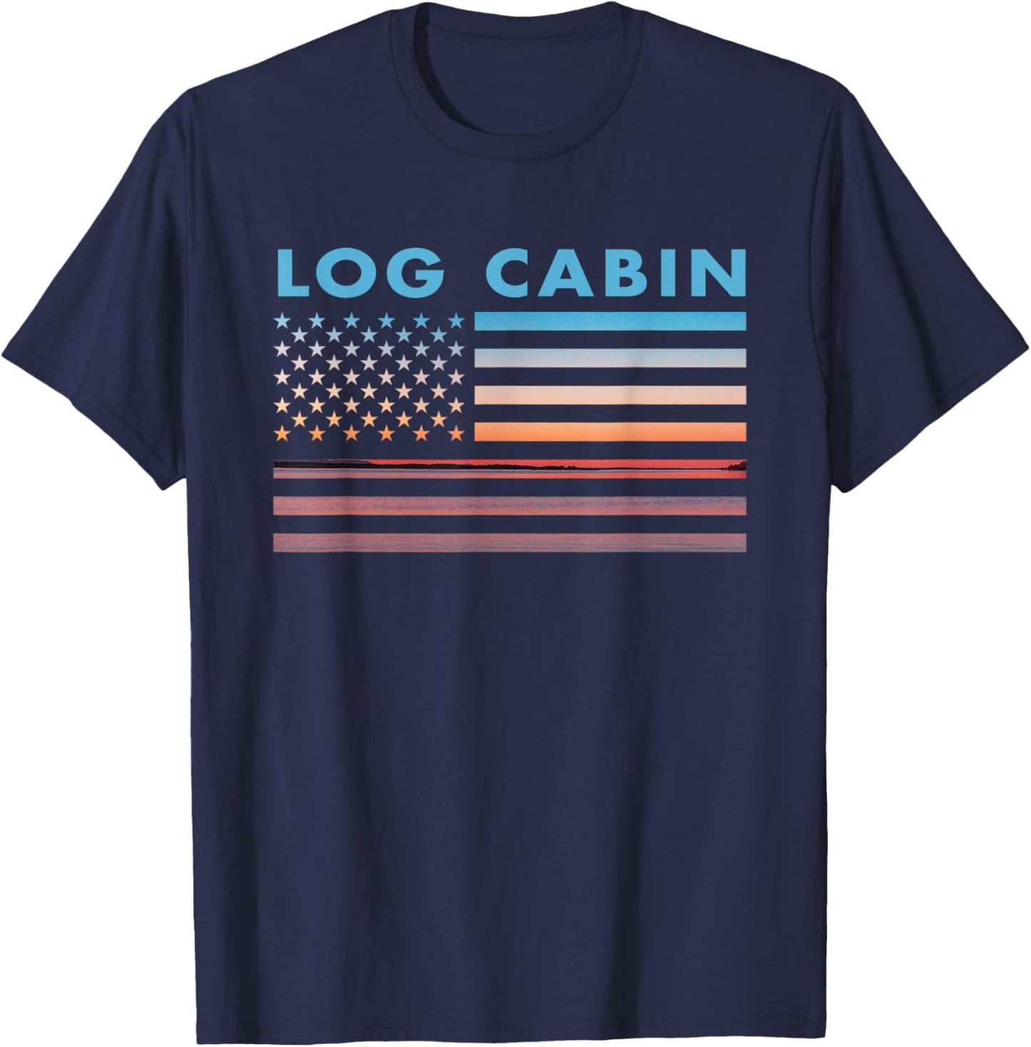 Vintage Sunset American Flag Log Cabin, Texas Women Men T-Shirt - T-Shirt | Navy