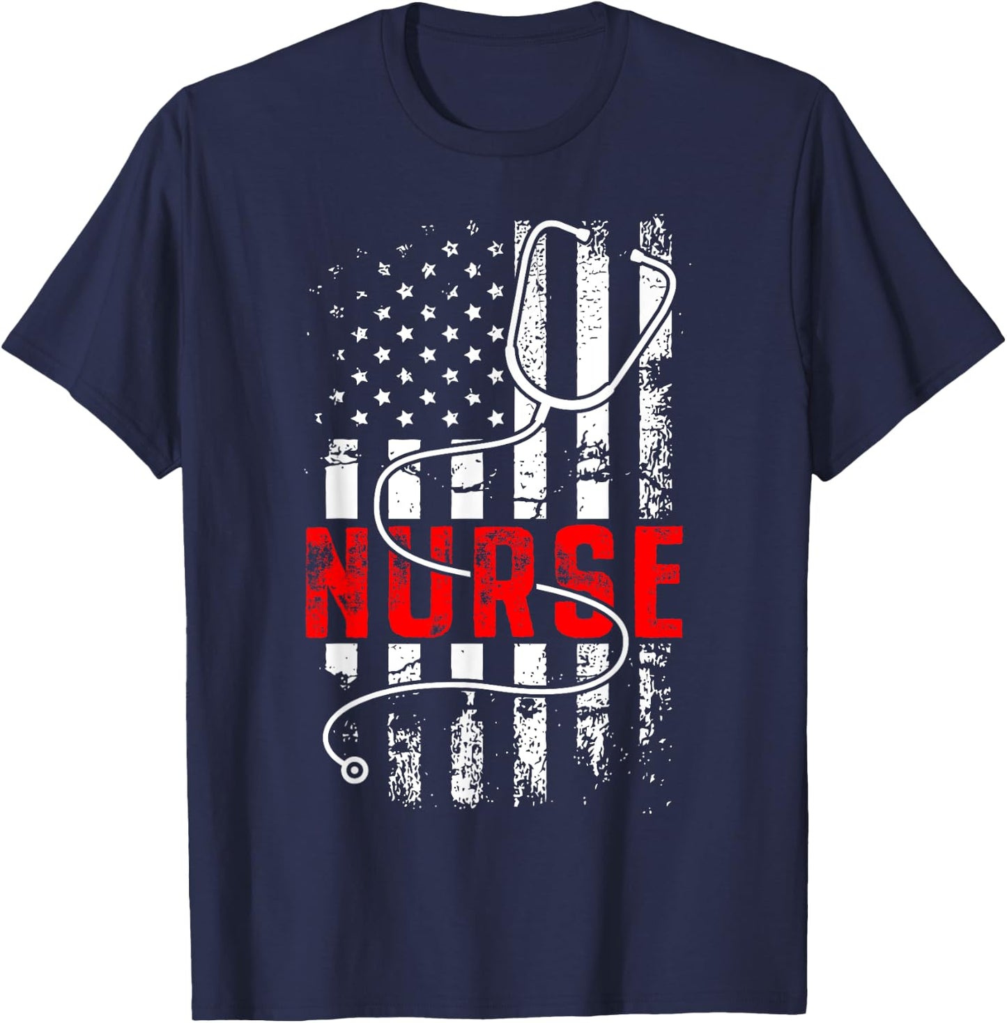 Patriotic Nurse USA Flag Stethoscope Funny Nurse Careers T-Shirt - T-Shirt | Navy