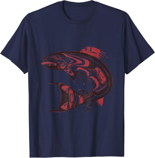 Pacific Northwest Tribe Art Salmon Fish Saltwater Fish T-Shirt - T-Shirt | Navy