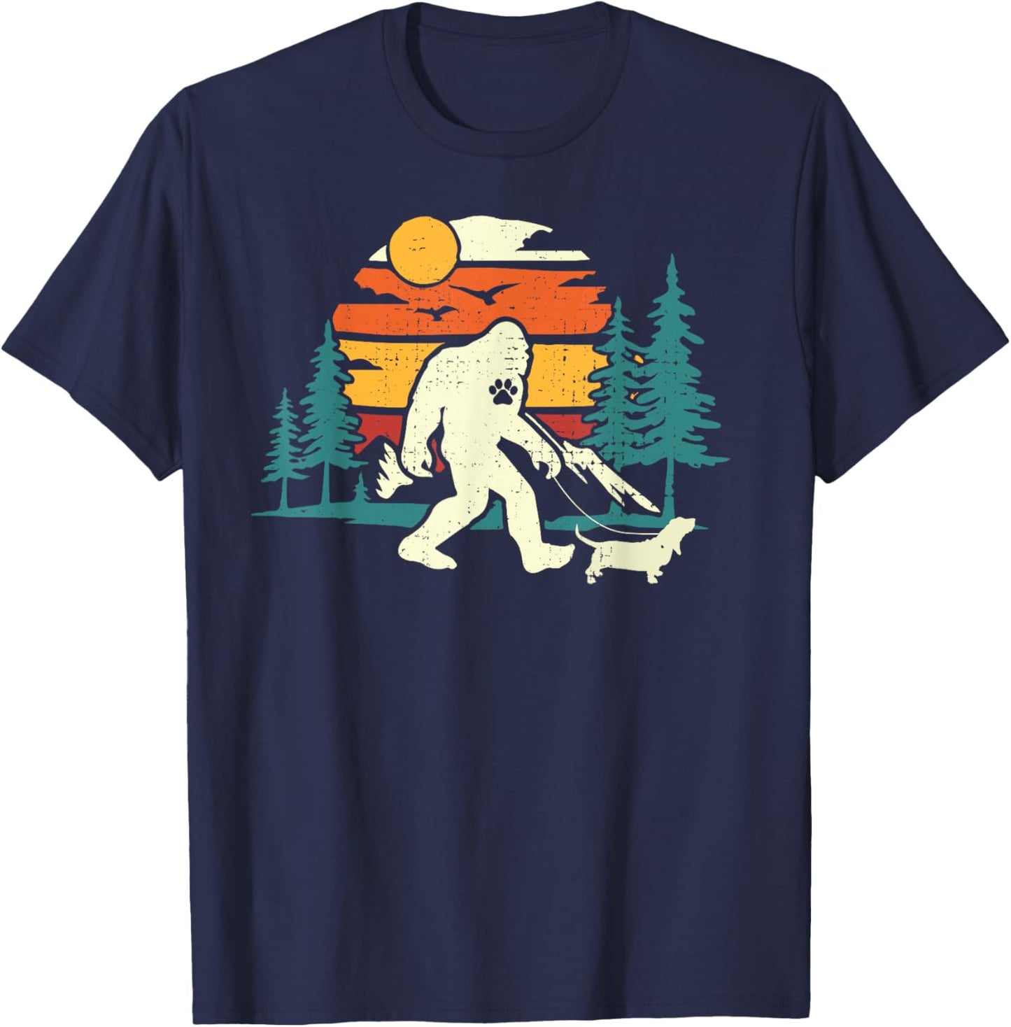 Retro Bigfoot Walking Basset Hound Dog Walker Sasquatch Women Girls Kids T-Shirt - T-Shirt | Navy