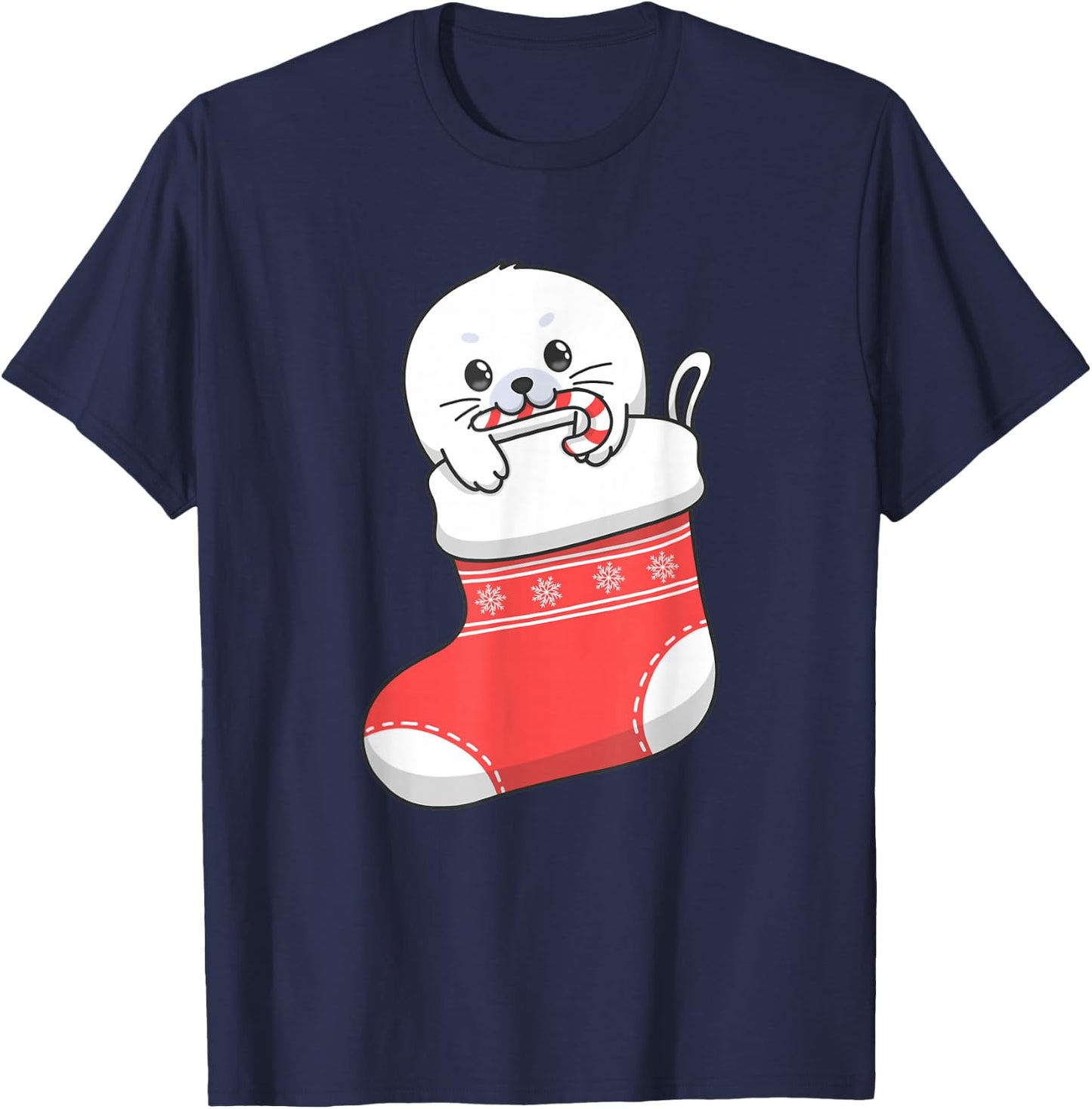 Adorable cute baby harp seal pup in Christmas stocking T-Shirt - T-Shirt | Navy