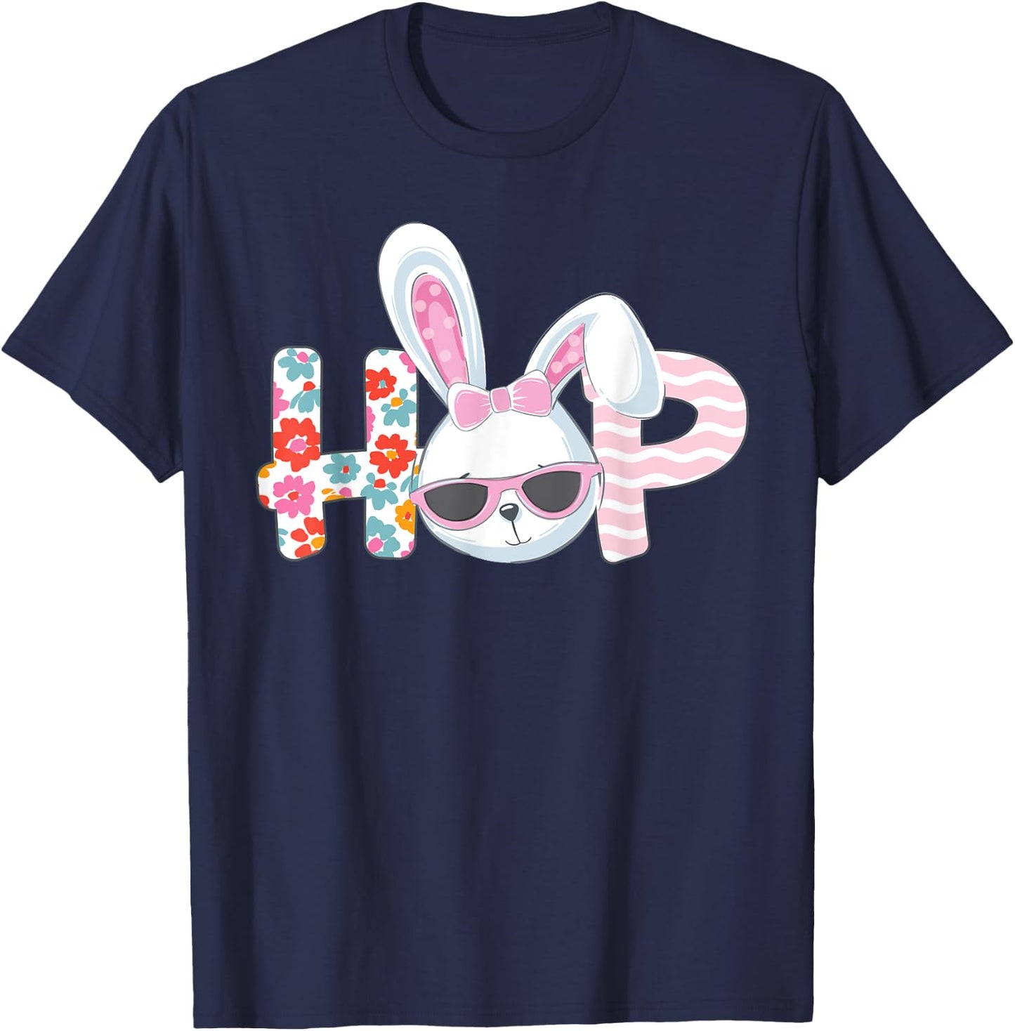 Easter Shirt for Girls Women Hop Easter Bunny Flowers Gift T-Shirt - T-Shirt | Navy